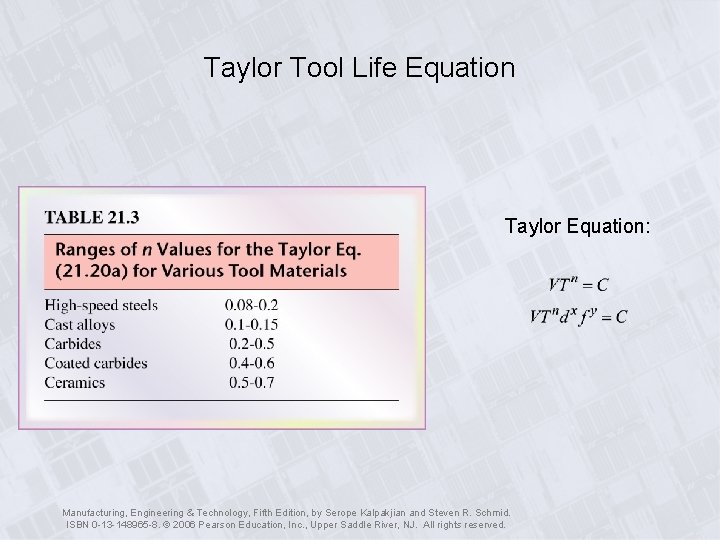 Taylor Tool Life Equation Taylor Equation: Manufacturing, Engineering & Technology, Fifth Edition, by Serope