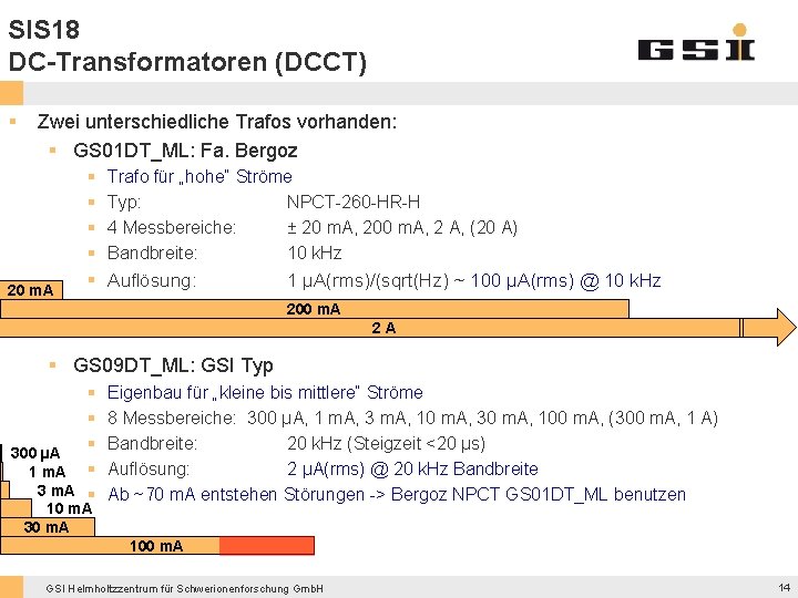 SIS 18 DC-Transformatoren (DCCT) § Zwei unterschiedliche Trafos vorhanden: § GS 01 DT_ML: Fa. SIS 18 DC-Transformatoren (DCCT) § Zwei unterschiedliche Trafos vorhanden: § GS 01 DT_ML: Fa.