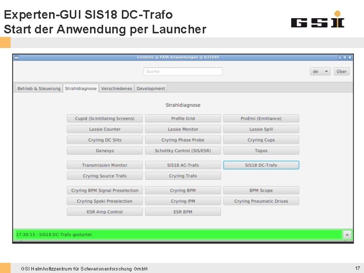 Experten-GUI SIS 18 DC-Trafo Start der Anwendung per Launcher GSI Helmholtzzentrum für Schwerionenforschung Gmb.