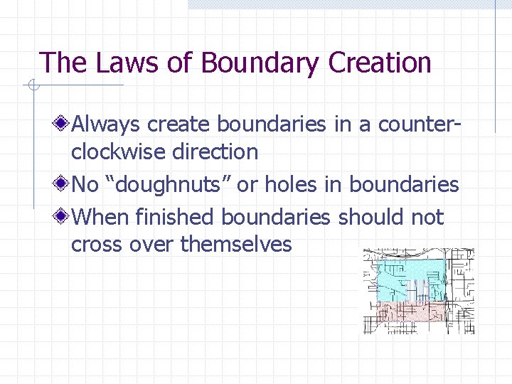 The Laws of Boundary Creation Always create boundaries in a counterclockwise direction No “doughnuts”