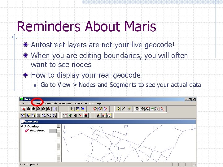 Reminders About Maris Autostreet layers are not your live geocode! When you are editing