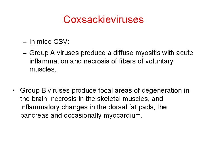 Coxsackieviruses – In mice CSV: – Group A viruses produce a diffuse myositis with