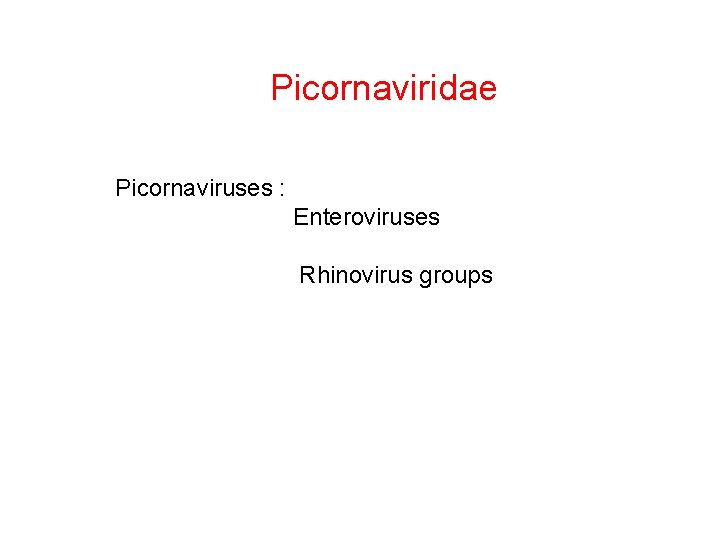 Picornaviridae Picornaviruses : Enteroviruses Rhinovirus groups 