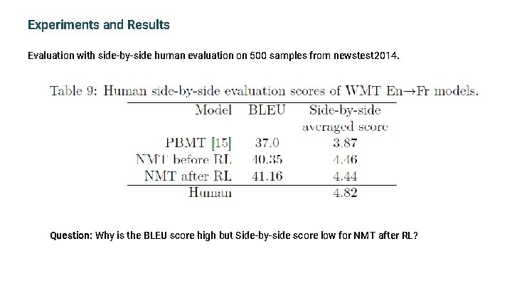 Experiments and Results Evaluation with side-by-side human evaluation on 500 samples from newstest 2014.