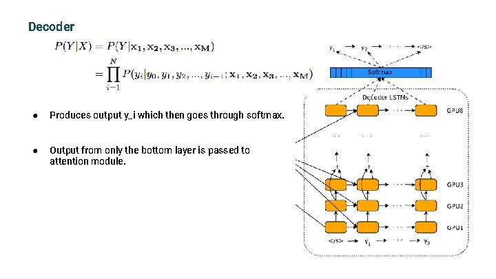 Decoder ● Produces output y_i which then goes through softmax. ● Output from only