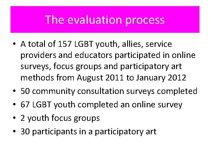 The evaluation process • A total of 157 LGBT youth, allies, service providers and