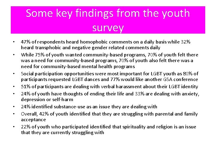 Some key findings from the youth survey • • 47% of respondents heard homophobic