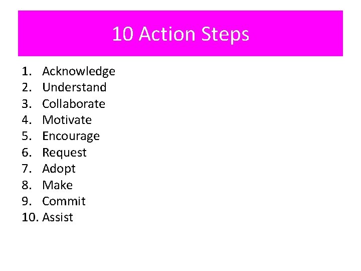 10 Action Steps 1. Acknowledge 2. Understand 3. Collaborate 4. Motivate 5. Encourage 6.