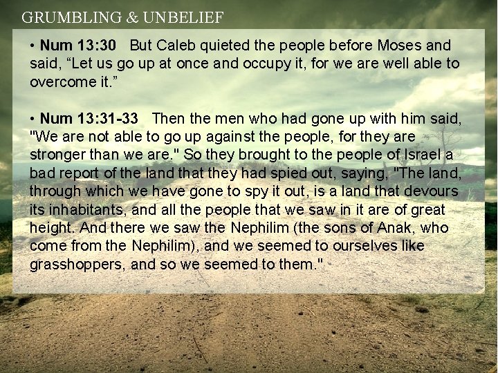 GRUMBLING & UNBELIEF • Num 13: 30 But Caleb quieted the people before Moses