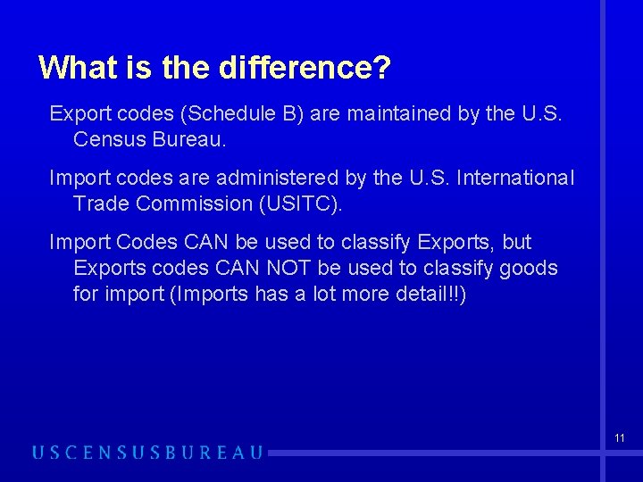 What is the difference? Export codes (Schedule B) are maintained by the U. S.