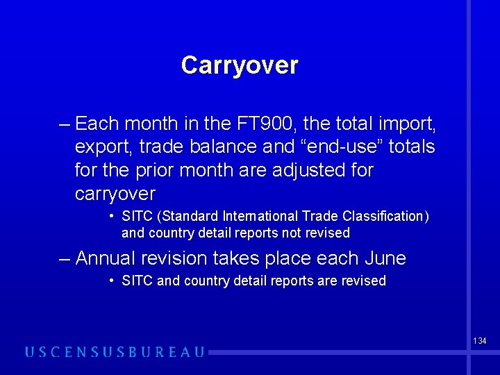 Carryover – Each month in the FT 900, the total import, export, trade balance