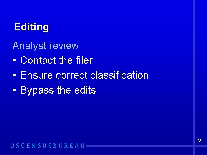 Editing Analyst review • Contact the filer • Ensure correct classification • Bypass the