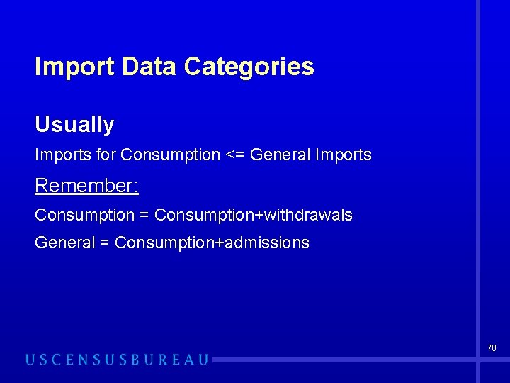 Import Data Categories Usually Imports for Consumption <= General Imports Remember: Consumption = Consumption+withdrawals