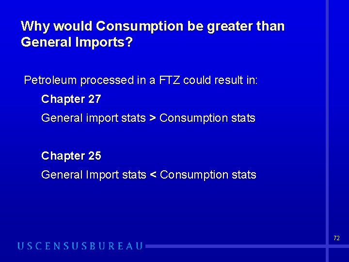 Why would Consumption be greater than General Imports? Petroleum processed in a FTZ could