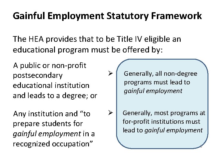 Gainful Employment Statutory Framework The HEA provides that to be Title IV eligible an