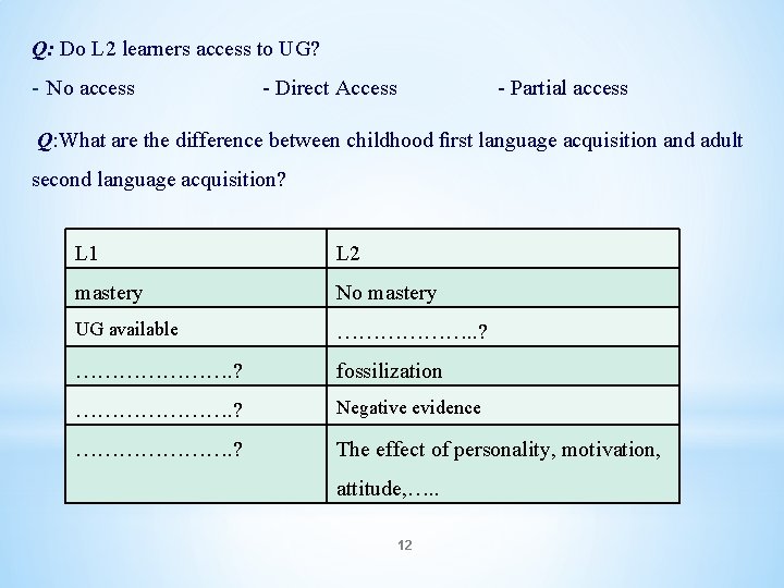 Q: Do L 2 learners access to UG? - No access - Direct Access