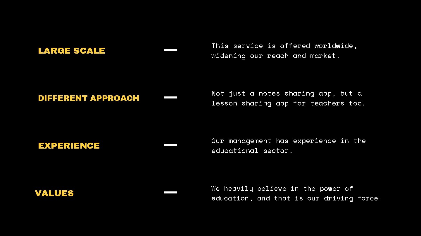 LARGE SCALE This service is offered worldwide, widening our reach and market. DIFFERENT APPROACH