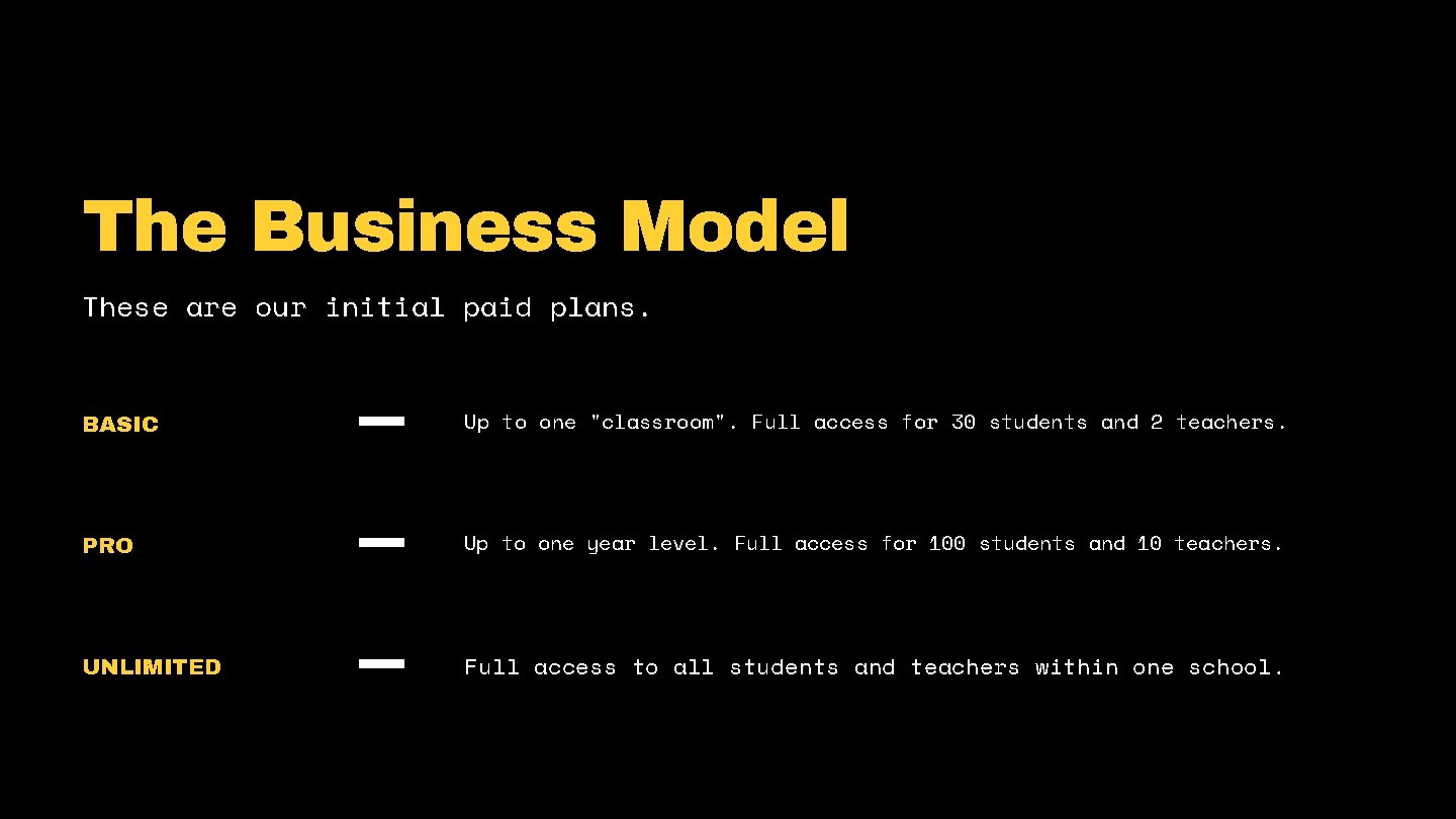 The Business Model These are our initial paid plans. BASIC Up to one "classroom".