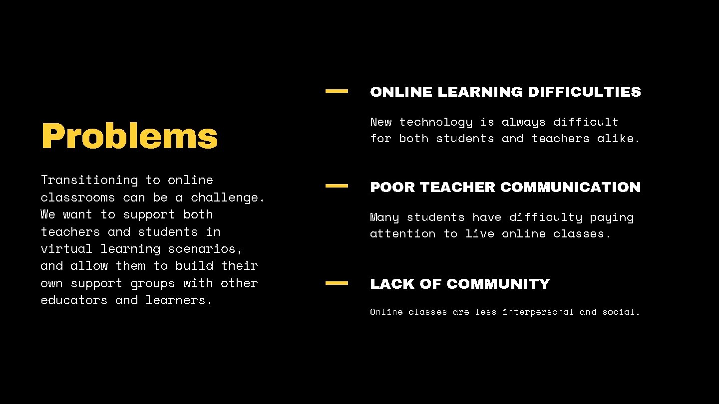 ONLINE LEARNING DIFFICULTIES Problems Transitioning to online classrooms can be a challenge. We want