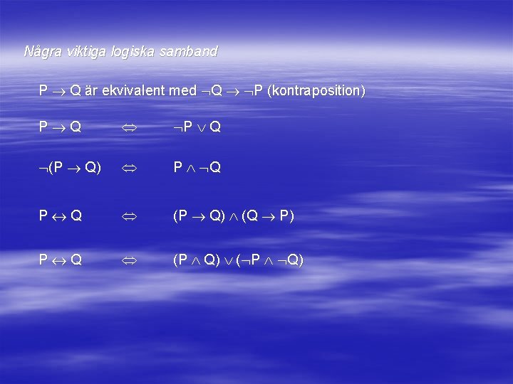 Några viktiga logiska samband P Q är ekvivalent med Q P (kontraposition) P Q