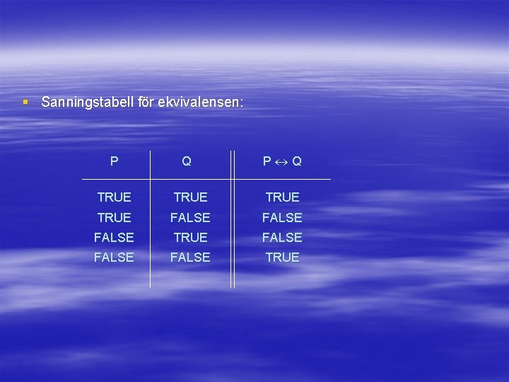 § Sanningstabell för ekvivalensen: P Q TRUE FALSE FALSE TRUE 