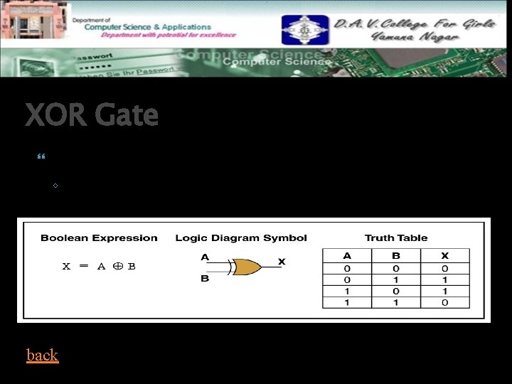 XOR Gate XOR, or exclusive OR, gate ◦ An XOR gate produces 0 if