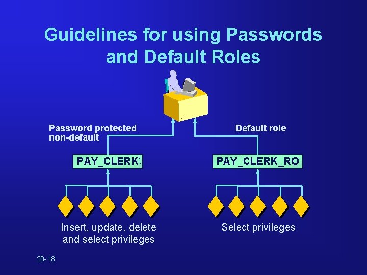 Guidelines for using Passwords and Default Roles Password protected non-default 20 -18 Default role