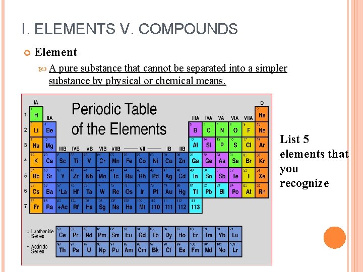 I. ELEMENTS V. COMPOUNDS Element A pure substance that cannot be separated into a