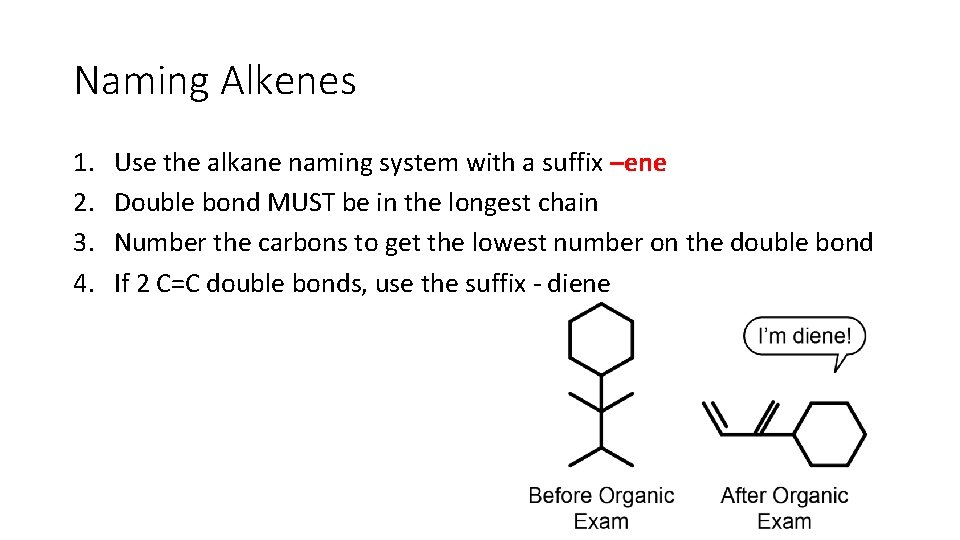 Naming Alkenes 1. 2. 3. 4. Use the alkane naming system with a suffix