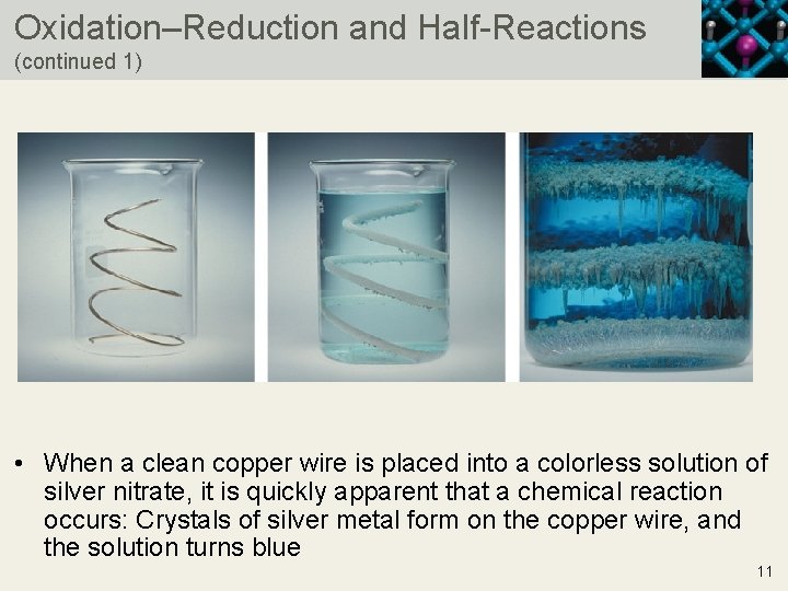 Oxidation–Reduction and Half-Reactions (continued 1) • When a clean copper wire is placed into