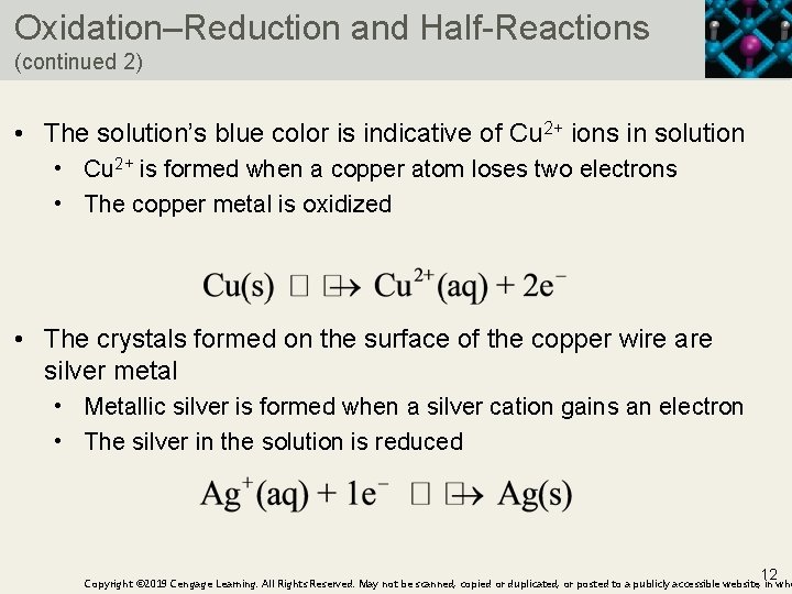 Oxidation–Reduction and Half-Reactions (continued 2) • The solution’s blue color is indicative of Cu