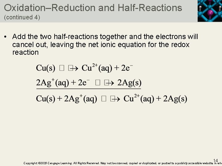 Oxidation–Reduction and Half-Reactions (continued 4) • Add the two half-reactions together and the electrons