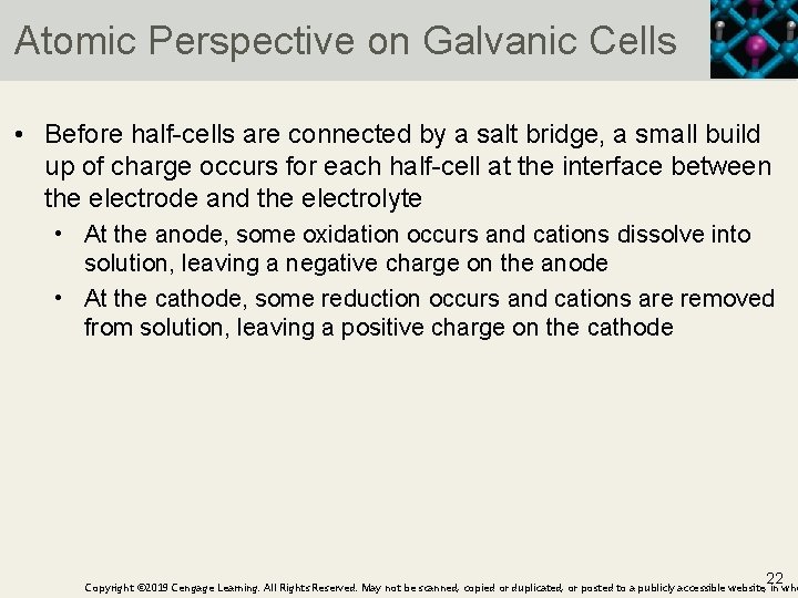 Atomic Perspective on Galvanic Cells • Before half-cells are connected by a salt bridge,