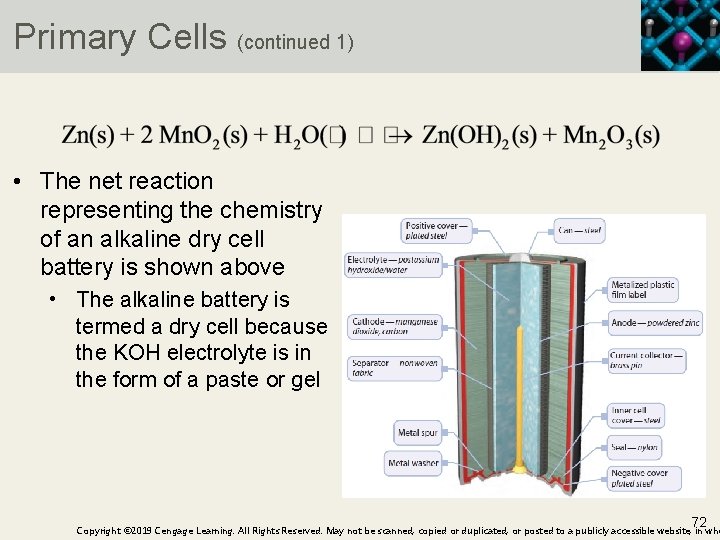 Primary Cells (continued 1) • The net reaction representing the chemistry of an alkaline