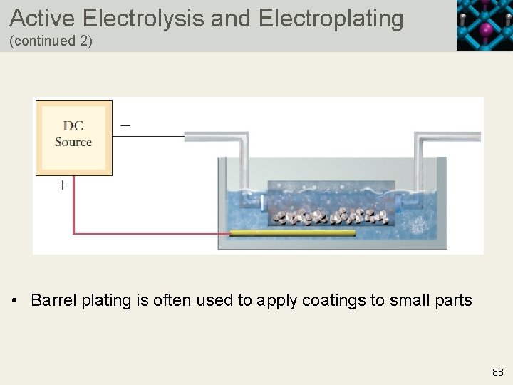 Active Electrolysis and Electroplating (continued 2) • Barrel plating is often used to apply