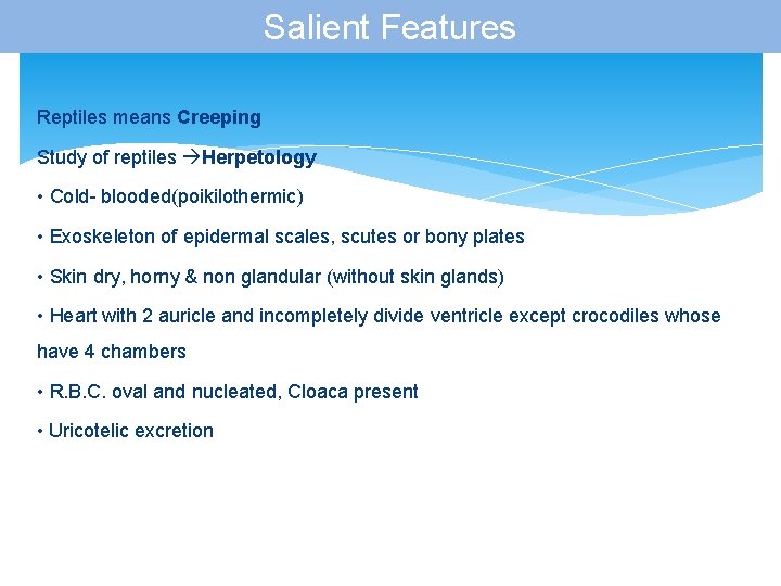 Salient Features Reptiles means Creeping Study of reptiles Herpetology • Cold- blooded(poikilothermic) • Exoskeleton