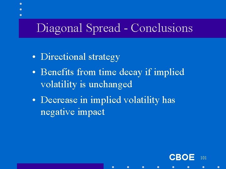 Diagonal Spread - Conclusions • Directional strategy • Benefits from time decay if implied