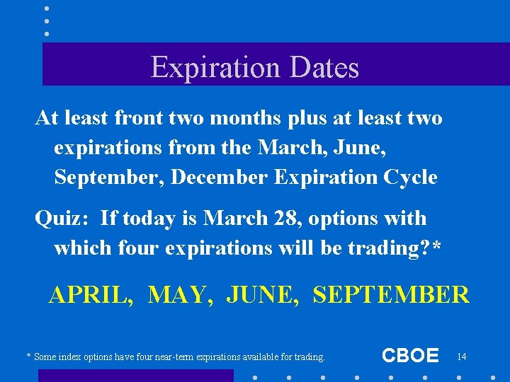 Expiration Dates At least front two months plus at least two expirations from the