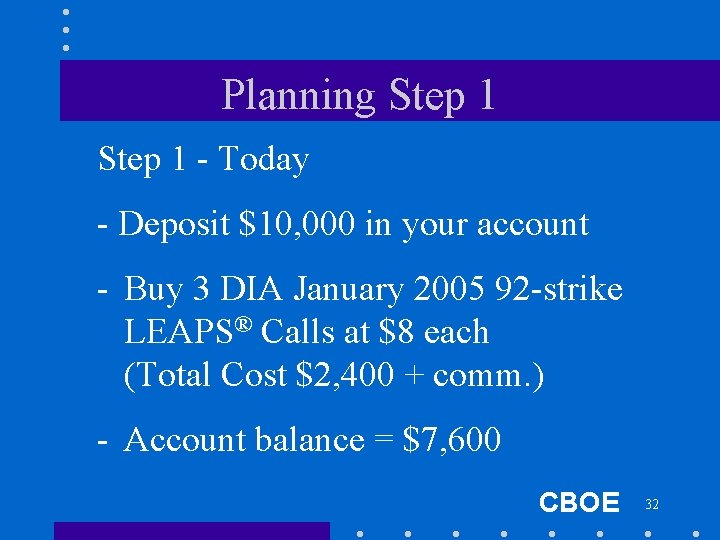 Planning Step 1 - Today - Deposit $10, 000 in your account - Buy