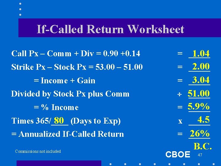 If-Called Return Worksheet Call Px – Comm + Div = 0. 90 +0. 14