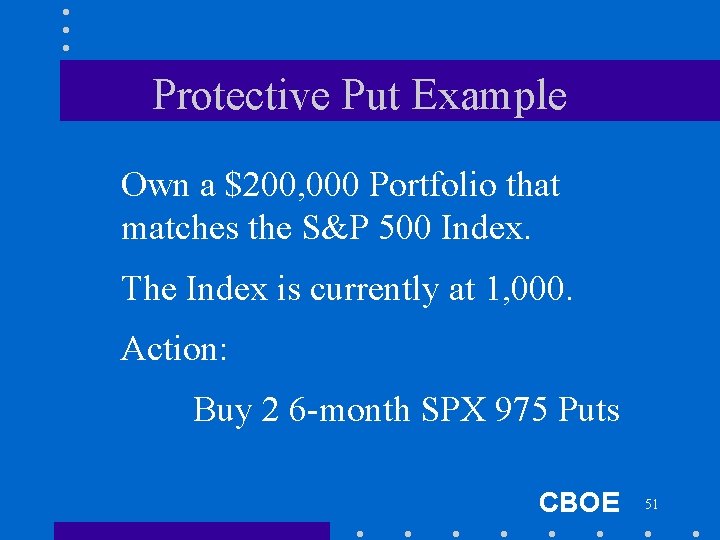 Protective Put Example Own a $200, 000 Portfolio that matches the S&P 500 Index.