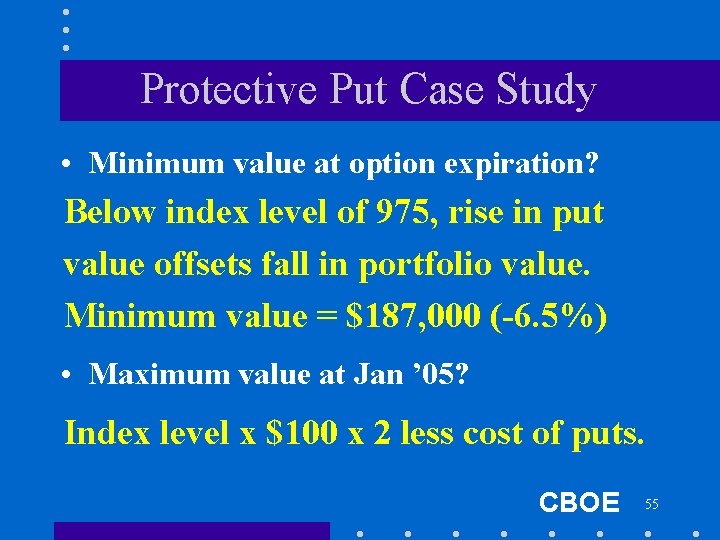 Protective Put Case Study • Minimum value at option expiration? Below index level of
