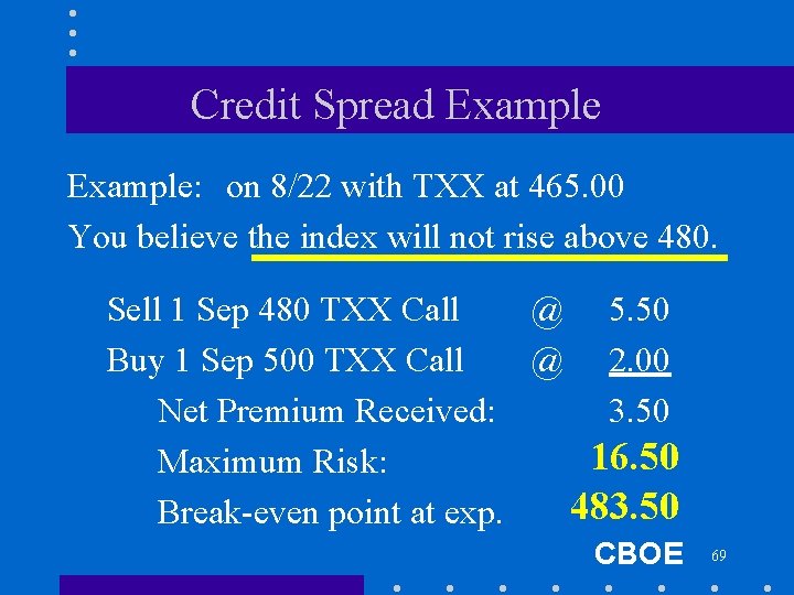 Credit Spread Example: on 8/22 with TXX at 465. 00 You believe the index