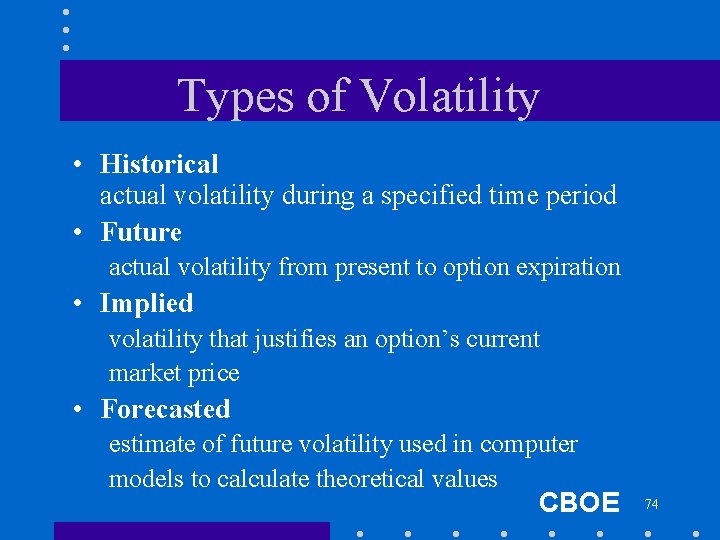 Types of Volatility • Historical actual volatility during a specified time period • Future