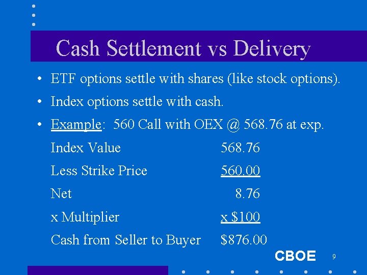 Cash Settlement vs Delivery • ETF options settle with shares (like stock options). •