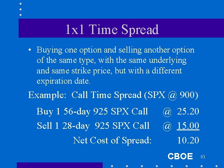1 x 1 Time Spread • Buying one option and selling another option of