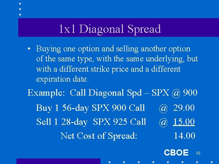 1 x 1 Diagonal Spread • Buying one option and selling another option of