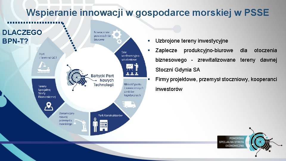 Wspieranie innowacji w gospodarce morskiej w PSSE DLACZEGO BPN-T? § Uzbrojone tereny inwestycyjne §