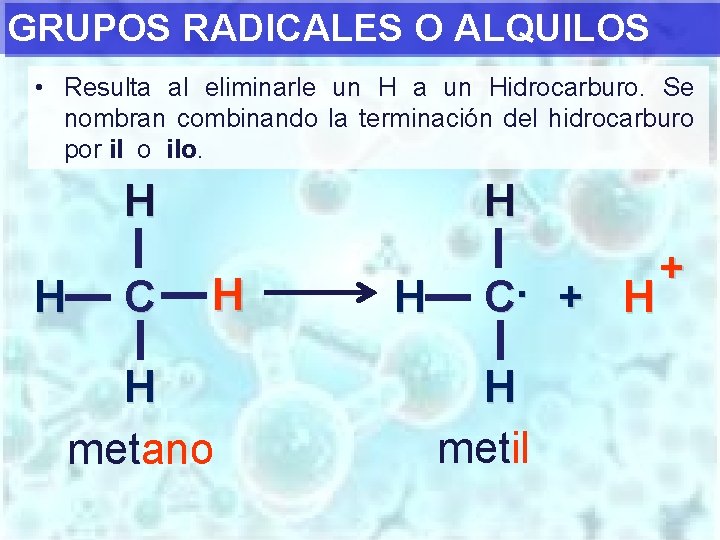 GRUPOS RADICALES O ALQUILOS • Resulta al eliminarle un H a un Hidrocarburo. Se