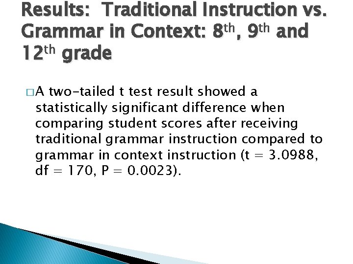 Results: Traditional Instruction vs. Grammar in Context: 8 th, 9 th and 12 th